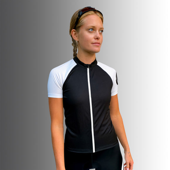womens sustainable black and white short sleeve cycle jersey